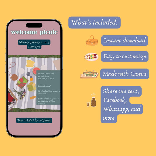 Picnic Invitation Template | Welcome Party Invite | Canva Digital Download | Outdoor Event Card | Instant Download | Baby Shower
